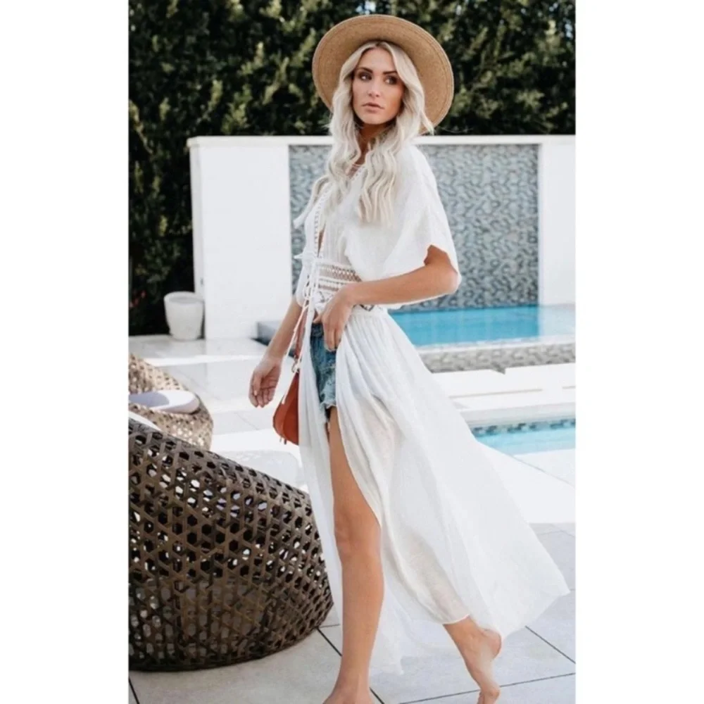 LAST 1️⃣🌻New Beautiful White Bohemian Tie Front Open Style Kimono,Lace - Picture 6 of 10